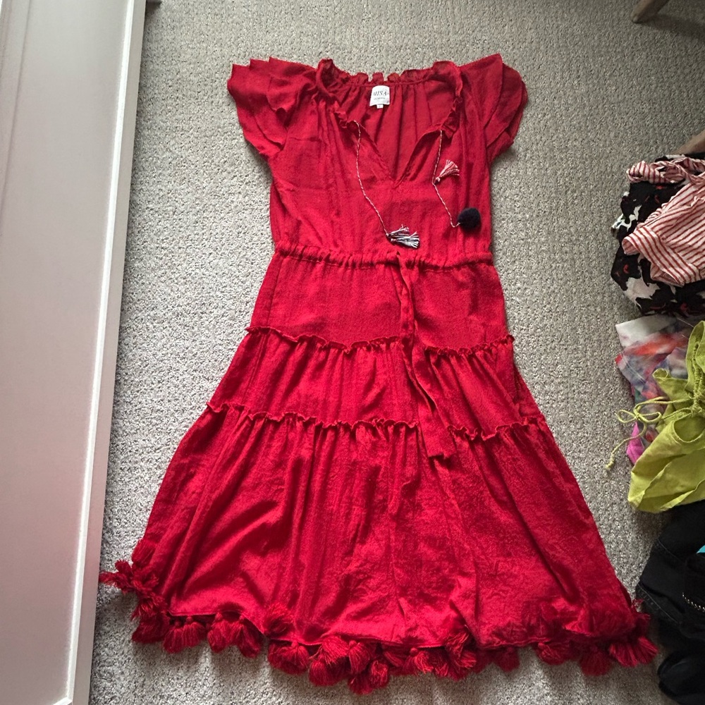 MISA Los Angeles Red Midi dress with tassels/pom poms - Picture 2 of 3